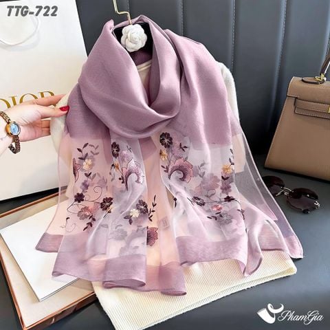 Khăn Choàng Tơ Tằm Gân Cao Cấp Thêu Hoa Thiên Tử Màu Hồng Tím Tinh Tế