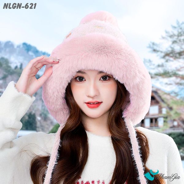Nón Len Phối Lông Giữ Nhiệt Chuyên Dụng Phối Viền Lông 2 Lớp Cao Cấp Dệt Họa Tiết Cầu Vồng Màu Hồng (NLGN621)