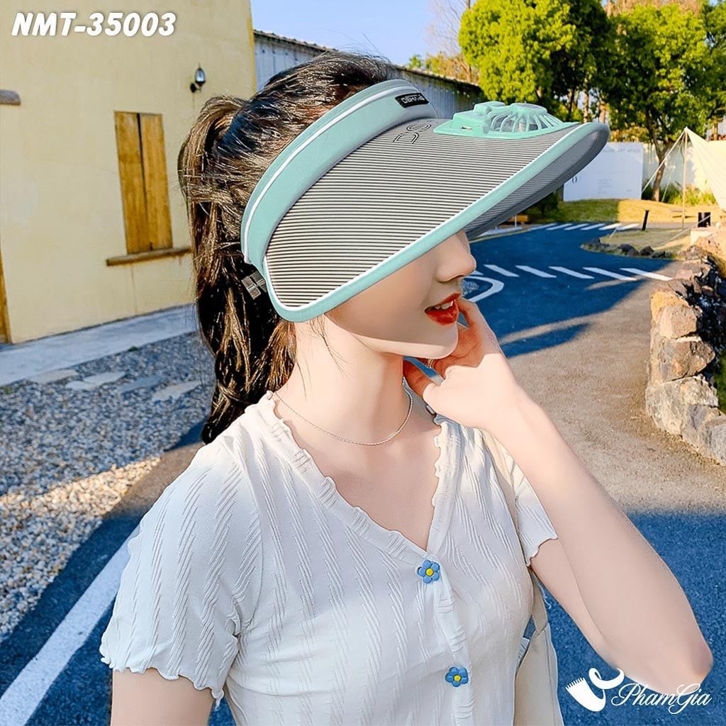 Nón Mui Trần Gắn Quạt Sạc Chống Nắng Hạ Nhiêt Tiện Lợi Màu Xanh Ngọc