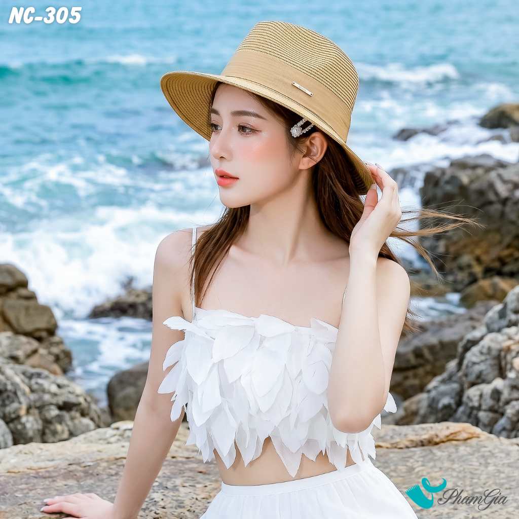 Nón Cói Fedora Phối Đai Vải Thời Thượng Màu Nâu Tây (NC305)