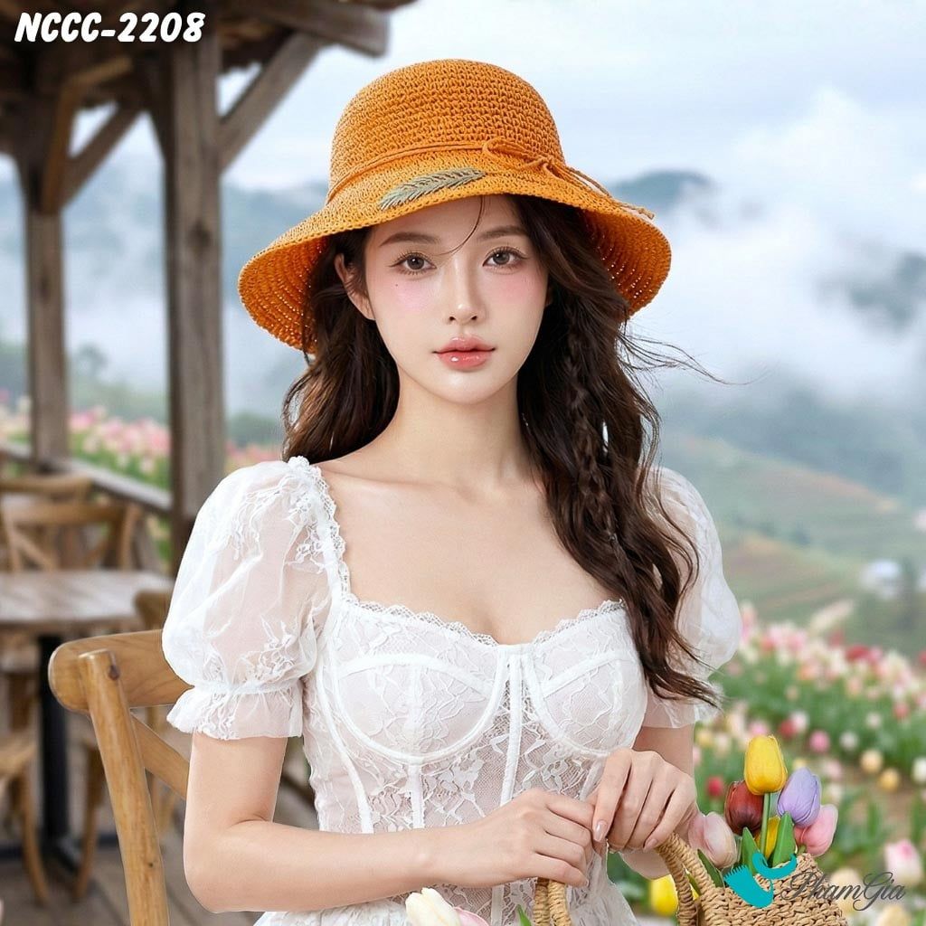 Nón Cói Vinatge Đan Họa Tiết Lá Form Mềm Màu Cam Gạch (NCCC2208)