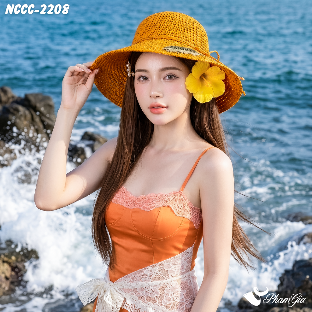 Nón Cói Vinatge Đan Họa Tiết Lá Form Mềm Màu Cam Gạch (NCCC2208)