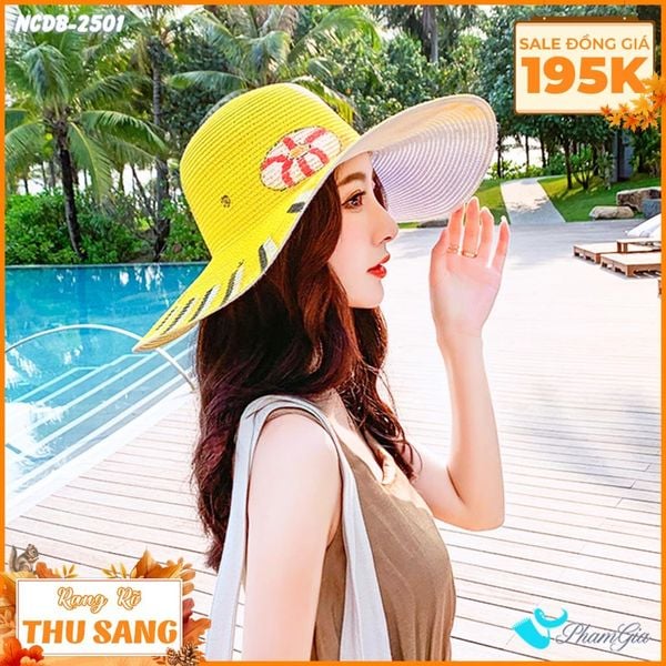 Nón Cói Đi Biển Vẽ Tay Rộng Vành Họa Tiết Biển Vàng (NCDB2501)