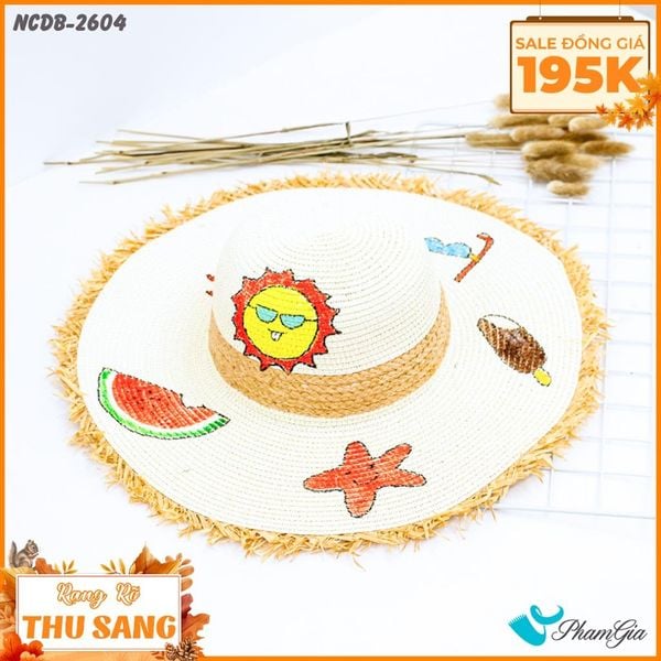 Nón Cói Đi Biển Vẽ Tay Viền Tua Rua Họa Tiết Mặt Trời Mùa Hè (NCDB2604)