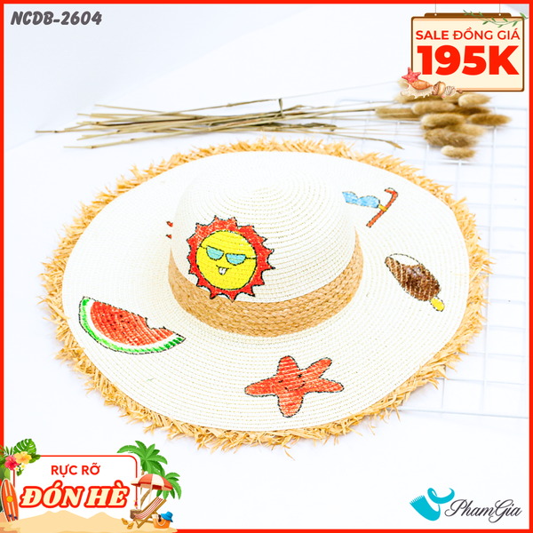 Nón Cói Đi Biển Vẽ Tay Viền Tua Rua Họa Tiết Mặt Trời Mùa Hè (NCDB2604)