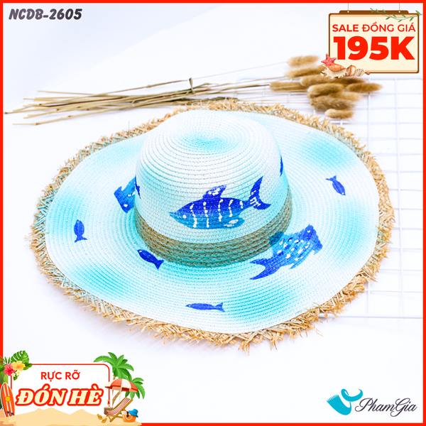 Nón Cói Đi Biển Vẽ Tay Viền Tua Rua Họa Tiết Cá Đại Dương (NCDB2605)