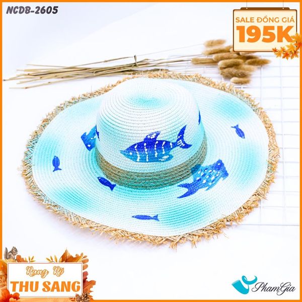 Nón Cói Đi Biển Vẽ Tay Viền Tua Rua Họa Tiết Cá Đại Dương (NCDB2605)