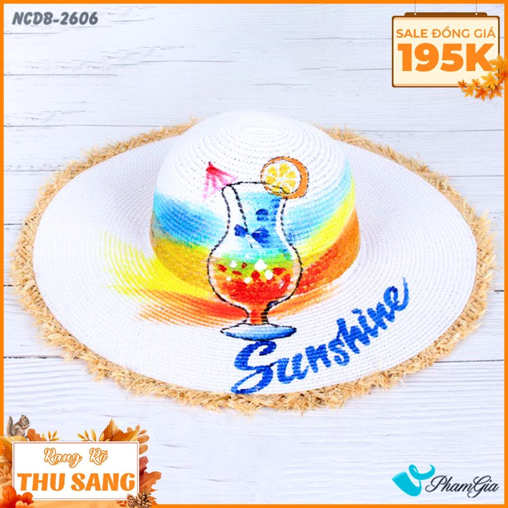 Nón Cói Đi Biển Vẽ Tay Viền Tua Rua Họa Tiết Cầu Vồng Mùa Hè