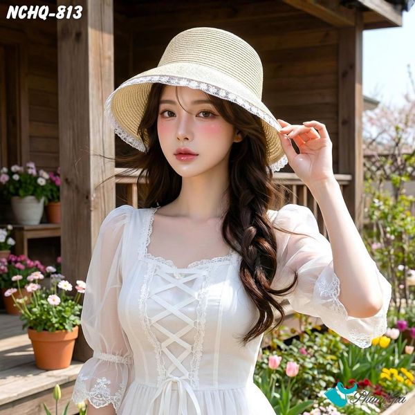 Nón Cói Cloche Phối Đăng Ten Cao Cấp Màu Bạc Kem (NCHQ813)
