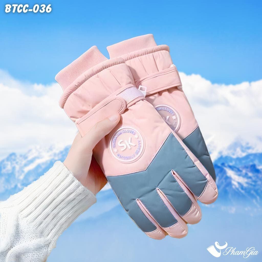 Găng Tay Phao Lót Lông 2 Lớp Siêu Dày Giữ Ấm Mùa Đông, Chống Thấm Nước Cao Cấp Màu Hồng (BTCC036)