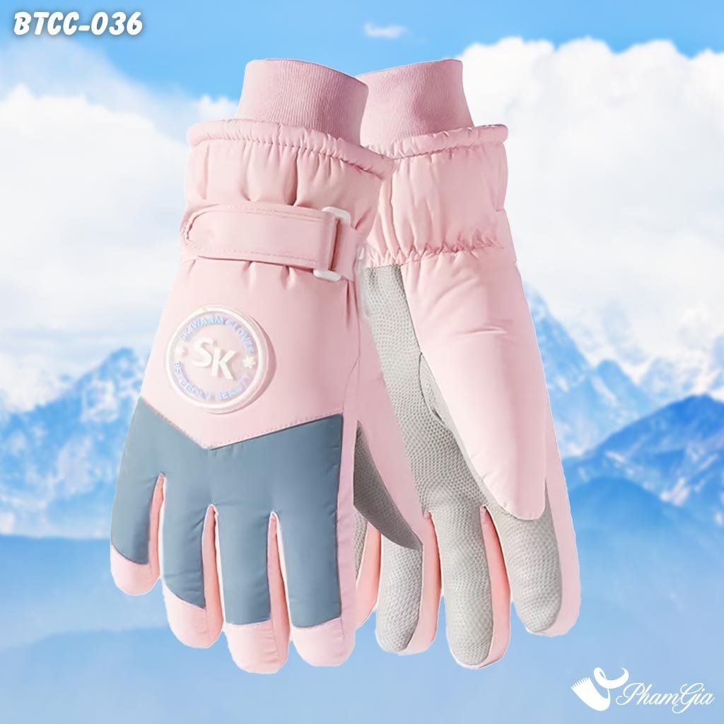 Găng Tay Phao Lót Lông 2 Lớp Siêu Dày Giữ Ấm Mùa Đông, Chống Thấm Nước Cao Cấp Màu Hồng (BTCC036)