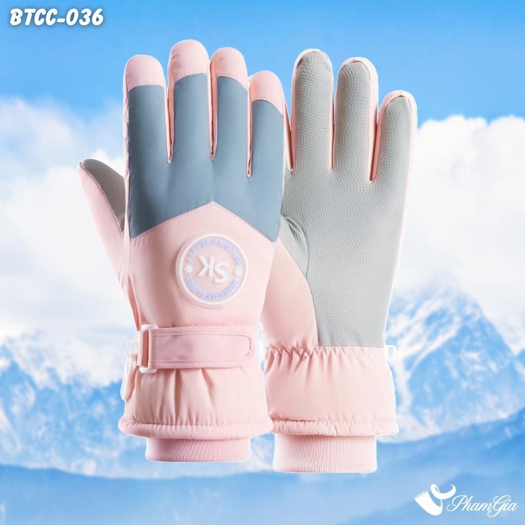 Găng Tay Phao Lót Lông 2 Lớp Siêu Dày Giữ Ấm Mùa Đông, Chống Thấm Nước Cao Cấp Màu Hồng (BTCC036)