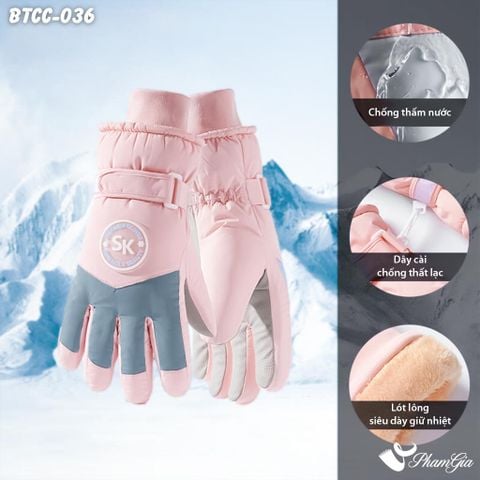 Găng Tay Phao Lót Lông 2 Lớp Siêu Dày Giữ Ấm Mùa Đông, Chống Thấm Nước Cao Cấp Màu Hồng (BTCC036)