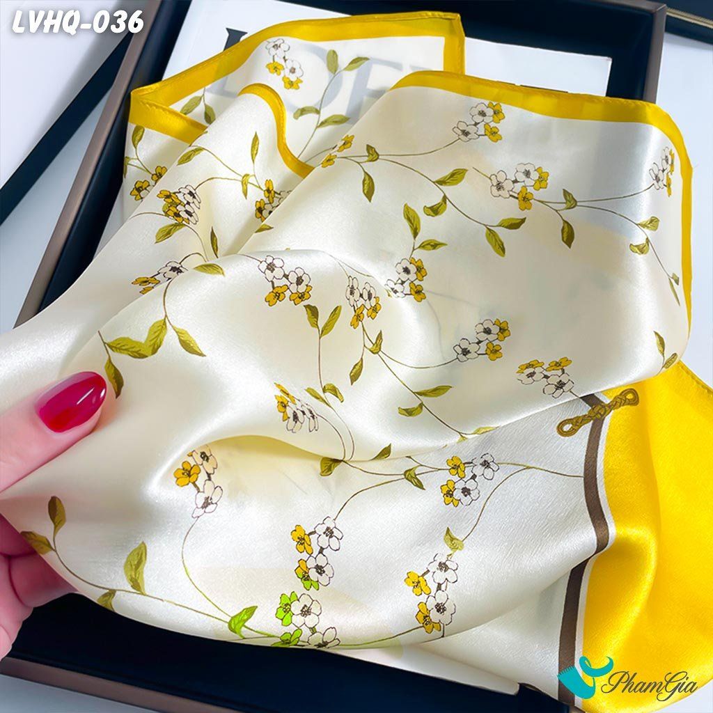 Khăn Lụa Vuông 70*70Cm Phong Cách Hàn Quốc Họa Tiết Hoa Dây Leo Màu Vàng Chanh (LVHQ036)