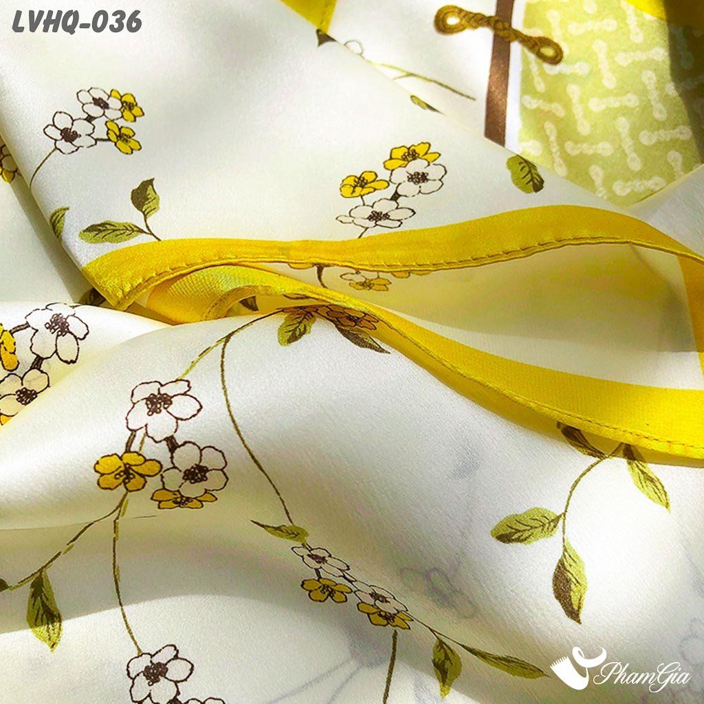 Khăn Lụa Vuông 70*70Cm Phong Cách Hàn Quốc Họa Tiết Hoa Dây Leo Màu Vàng Chanh (LVHQ036)