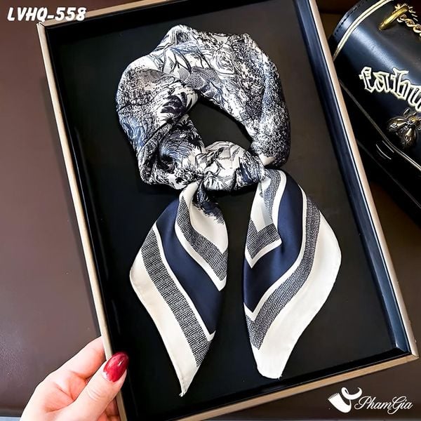 Khăn Lụa Vuông 70*70cm Phong Cách Hàn Quốc Họa Tiết Cây Nhiệt Đới Màu Xanh Navy (LVHQ558)