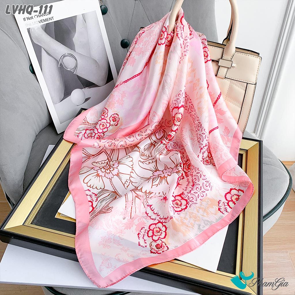 Khăn Lụa Vuông 70*70Cm Phong Cách Hàn Quốc Họa Tiết Hoa Cách Điệu Màu Hồng Baby (LVHQ111)