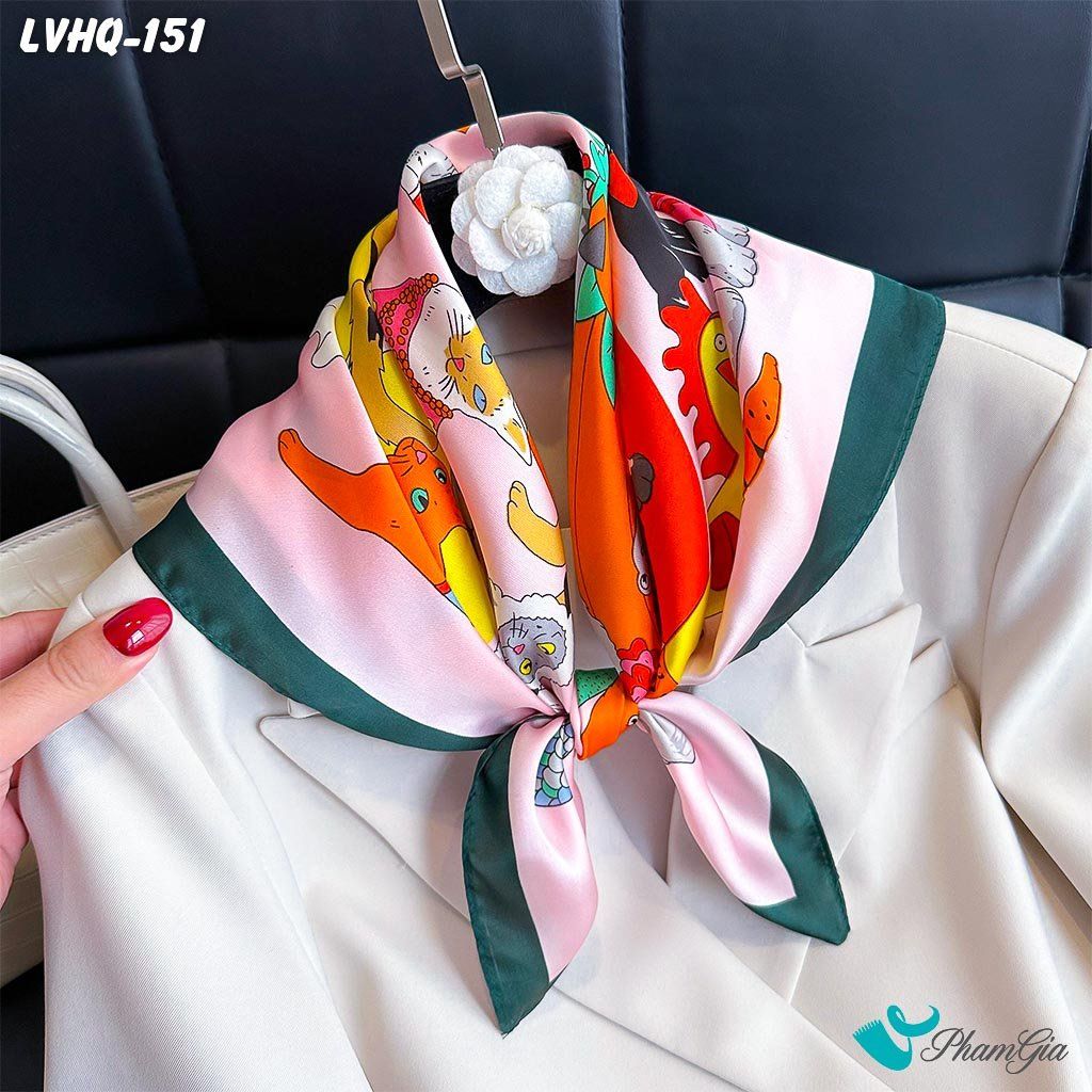 Khăn Lụa Vuông 70*70Cm Phong Cách Hàn Quốc Họa Tiết Mèo Dễ Thương Màu Hồng Xanh (LVHQ151)