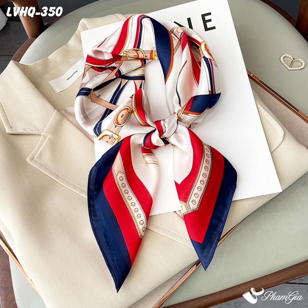 Góc Thẳng Khăn Lụa Vuông 70*70cm Phong Cách Hàn Quốc Họa Tiết Retro Phối Màu Xanh Navy - Đỏ