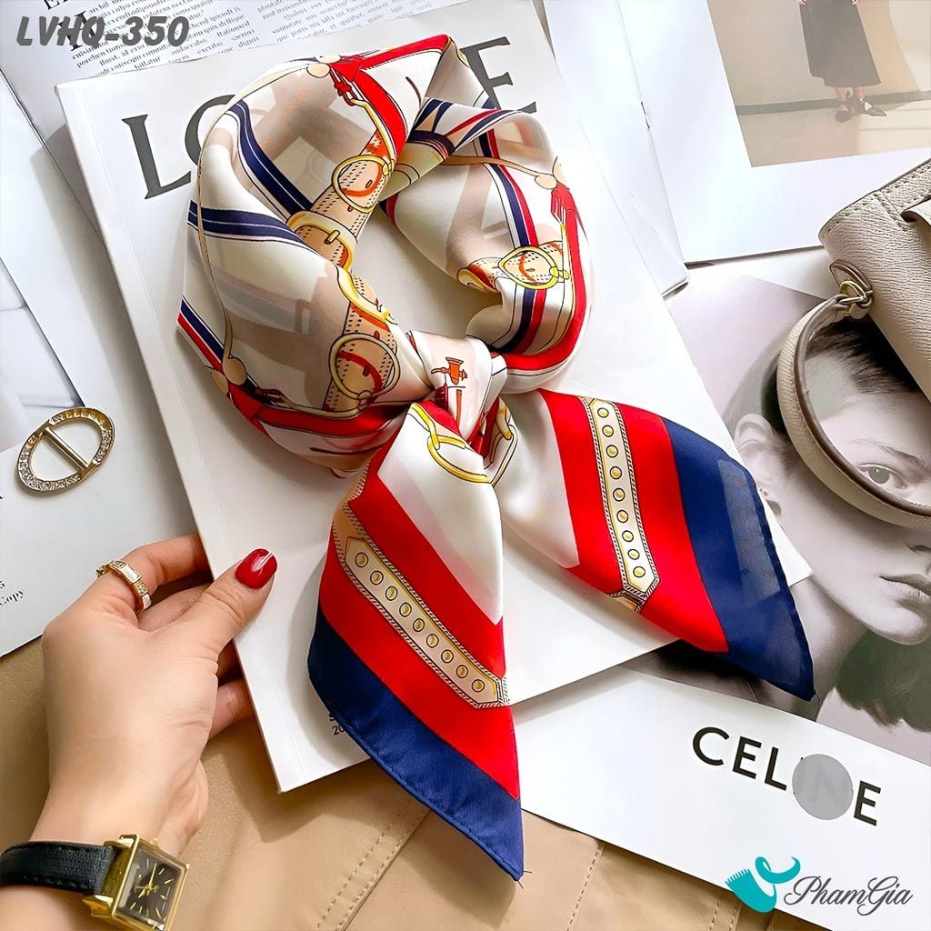 Khăn Lụa Vuông 70*70cm Phong Cách Hàn Quốc Họa Tiết Retro Phối Màu Xanh Navy - Đỏ