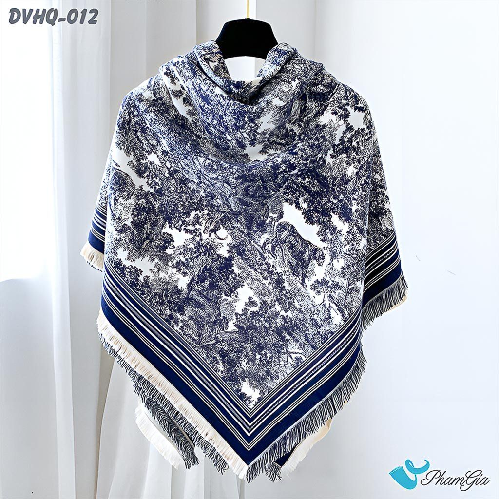 Họa Tiết Khăn Choàng Dạ Cashmere Vuông Phong Cách Hàn Quốc Cao Cấp Họa Tiết Tranh Rừng Cổ Điển Màu Xanh Navy