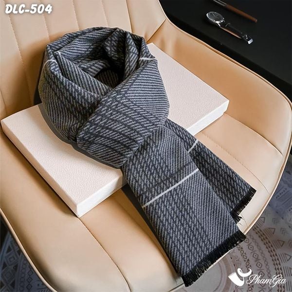 Khăn Choàng Dạ Lông Cừu Cao Cấp Họa Tiết Caro Phối Sọc Màu Xám Ghi Lịch Lãm Cho Nam (DLC504)