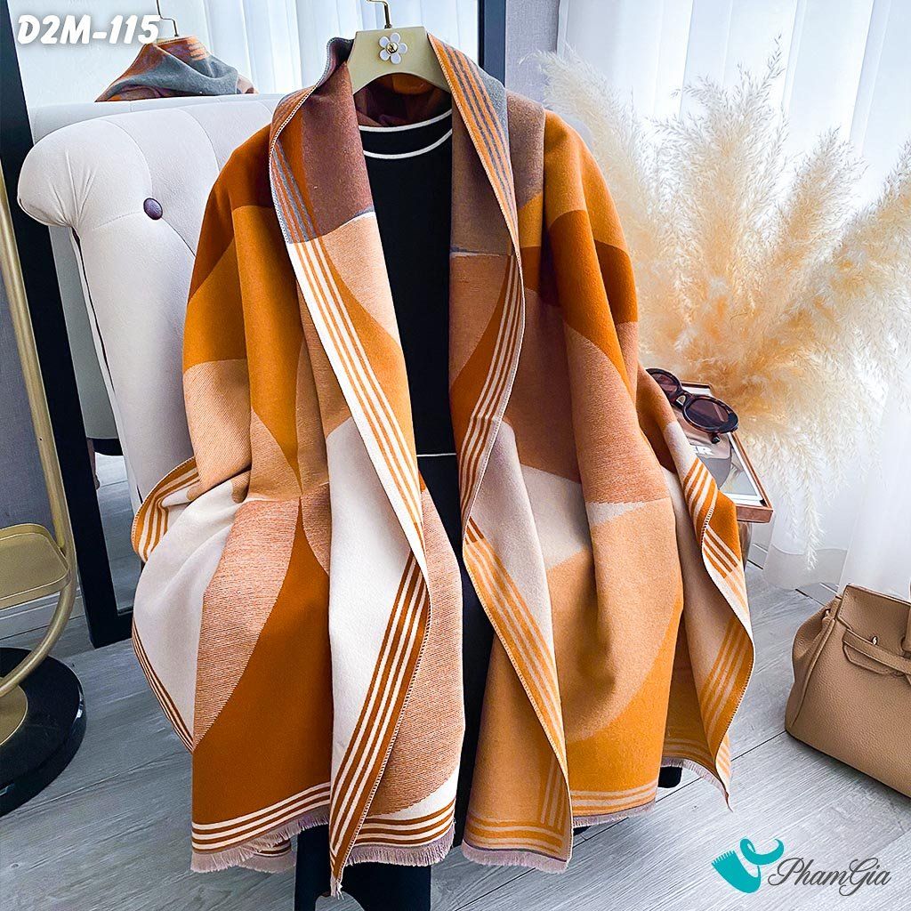 Khăn Choàng Dạ Cashmere 2 Mặt Cao Cấp Họa Tiết Retro Phối Màu Nâu - Xanh Ngọc (D2M115)