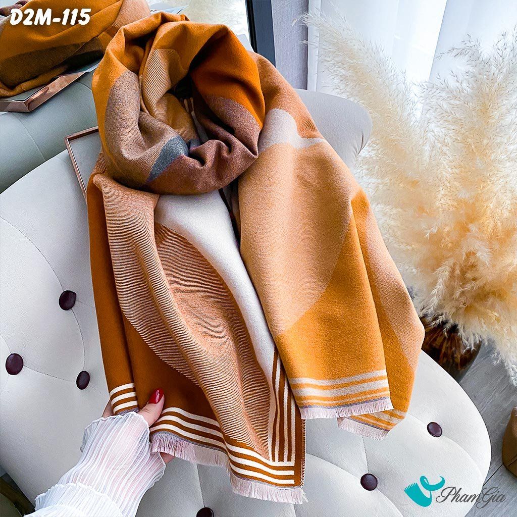 Khăn Choàng Dạ Cashmere 2 Mặt Cao Cấp Họa Tiết Retro Phối Màu Nâu - Xanh Ngọc (D2M115)