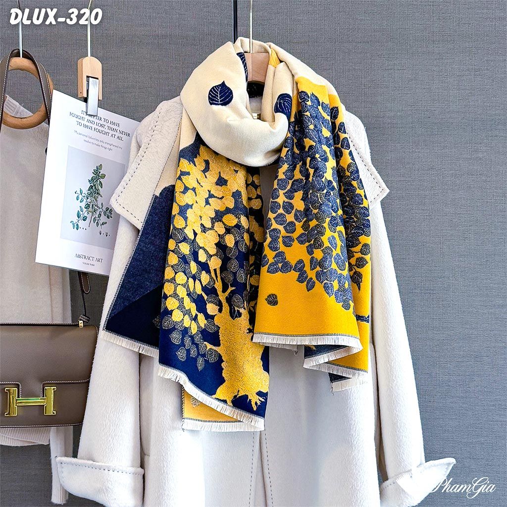 Khăn Choàng Dạ Cashmere Cao Cấp Họa Tiết Cây Bồ Đề Phối Nền Vàng Sang Trọng (DLUX320)