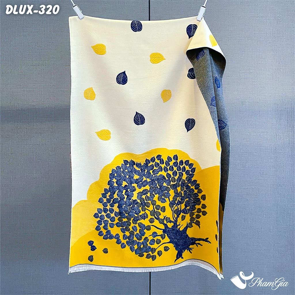 Khăn Choàng Dạ Cashmere Cao Cấp Họa Tiết Cây Bồ Đề Phối Nền Vàng Sang Trọng (DLUX320)