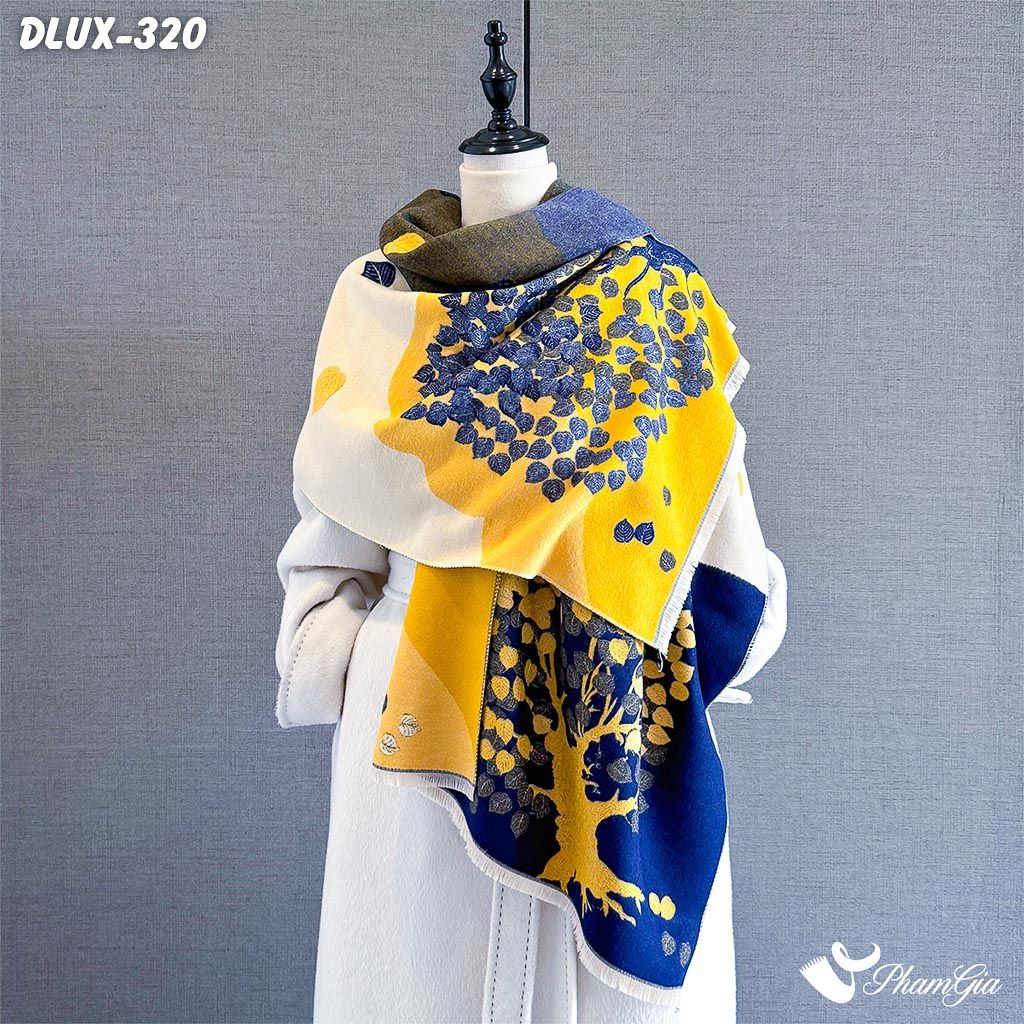 Khăn Choàng Dạ Cashmere Cao Cấp Họa Tiết Cây Bồ Đề Phối Nền Vàng Sang Trọng (DLUX320)