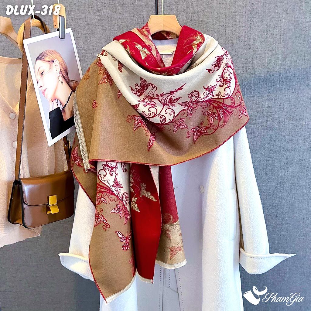 Khăn Choàng Dạ Cashmere Cao Cấp Họa Tiết Hoa Dây Leo Màu Beige - Đỏ Trang Nhã (DLUX318)