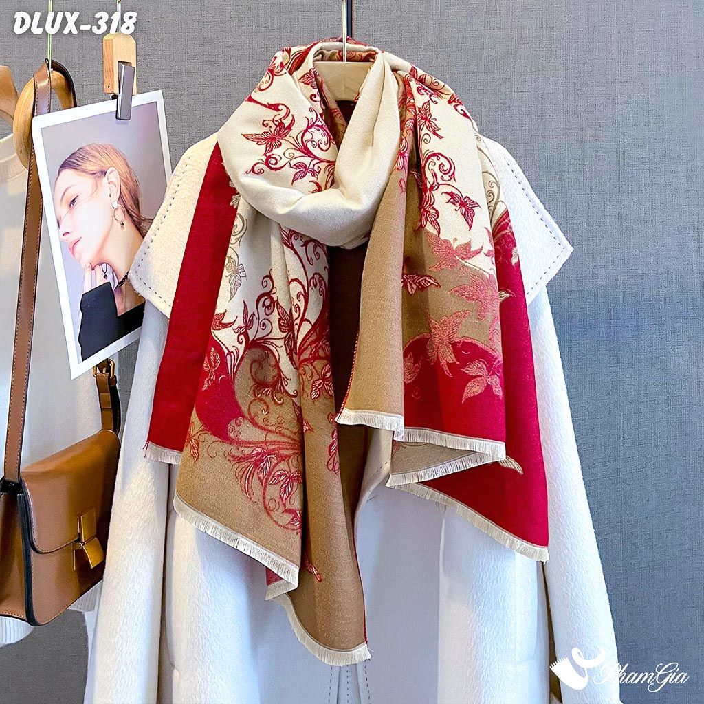 Khăn Choàng Dạ Cashmere Cao Cấp Họa Tiết Hoa Dây Leo Màu Beige - Đỏ Trang Nhã (DLUX318)