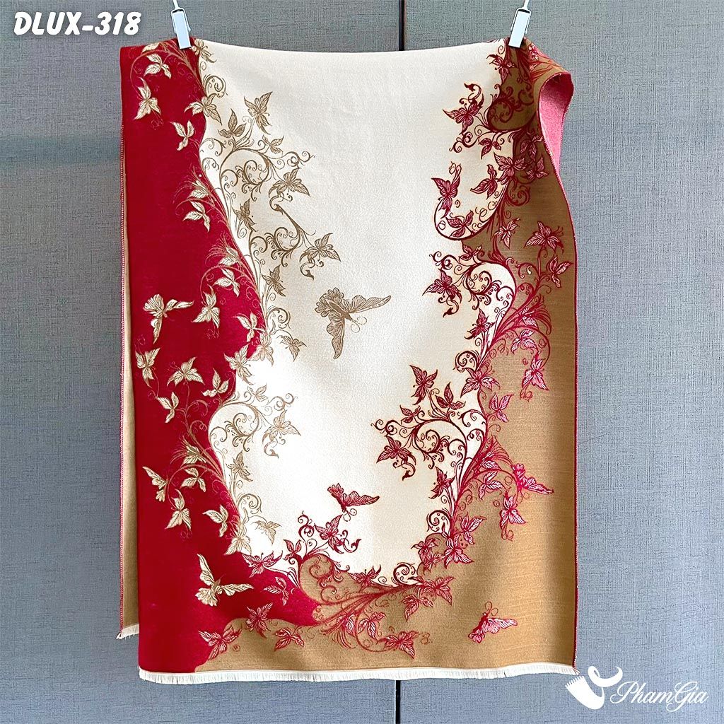 Khăn Choàng Dạ Cashmere Cao Cấp Họa Tiết Hoa Dây Leo Màu Beige - Đỏ Trang Nhã (DLUX318)
