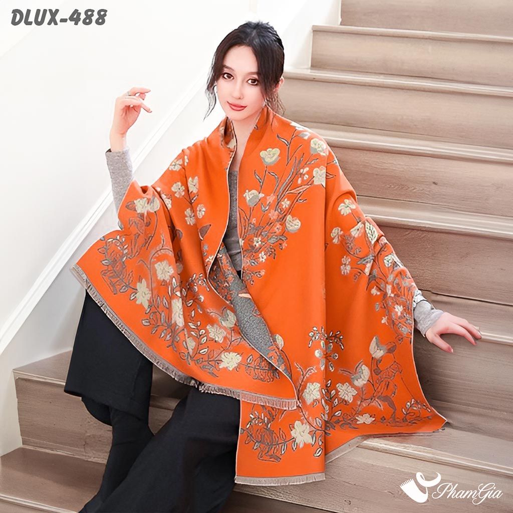 Model Choàng Khăn Choàng Dạ Cashmere Cao Cấp Họa Tiết Hoa Dây Leo Màu Cam Gạch Trẻ Trung