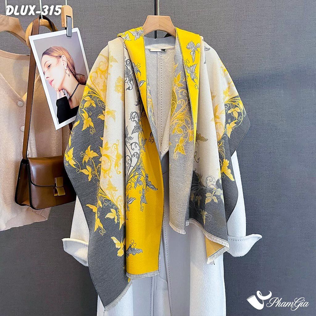 Khăn Choàng Dạ Cashmere Cao Cấp Họa Tiết Hoa Dây Leo Màu Vàng - Xám Trang Nhã (DLUX315)