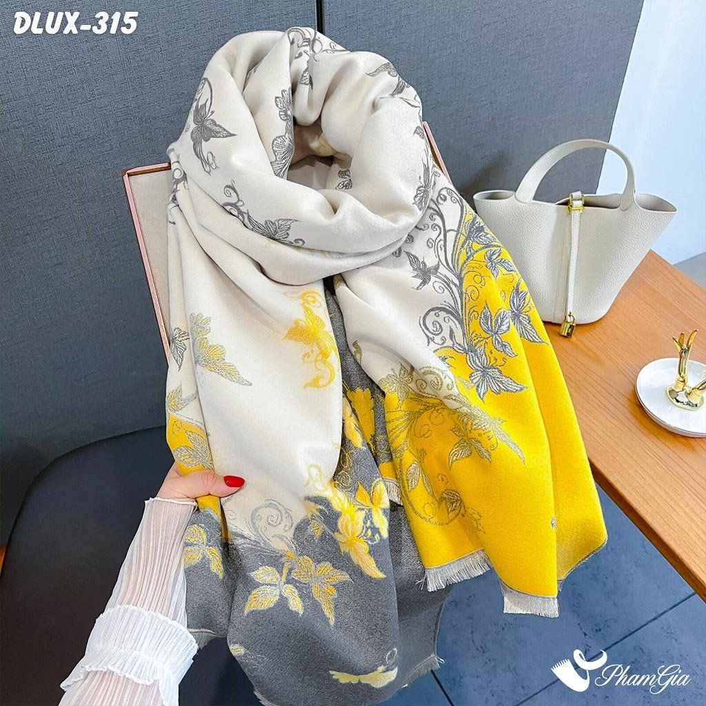 Khăn Choàng Dạ Cashmere Cao Cấp Họa Tiết Hoa Dây Leo Màu Vàng - Xám Trang Nhã (DLUX315)