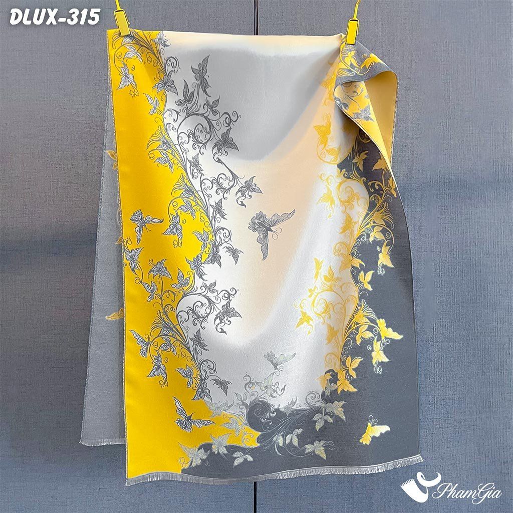 Khăn Choàng Dạ Cashmere Cao Cấp Họa Tiết Hoa Dây Leo Màu Vàng - Xám Trang Nhã (DLUX315)