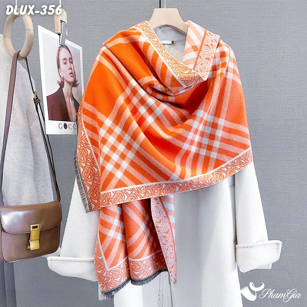 Khăn Choàng Dạ Cashmere Cao Cấp Họa Tiết Retro Kẻ Sọc Phối Màu Cam Hiện Đại (DLUX356)
