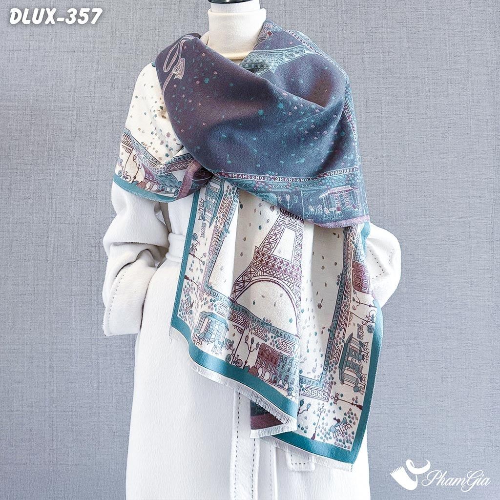 Khăn Choàng Dạ Cashmere Cao Cấp Họa Tiết Tháp Eiffel Màu Xanh Ngọc Hiện Đại (DLUX357)