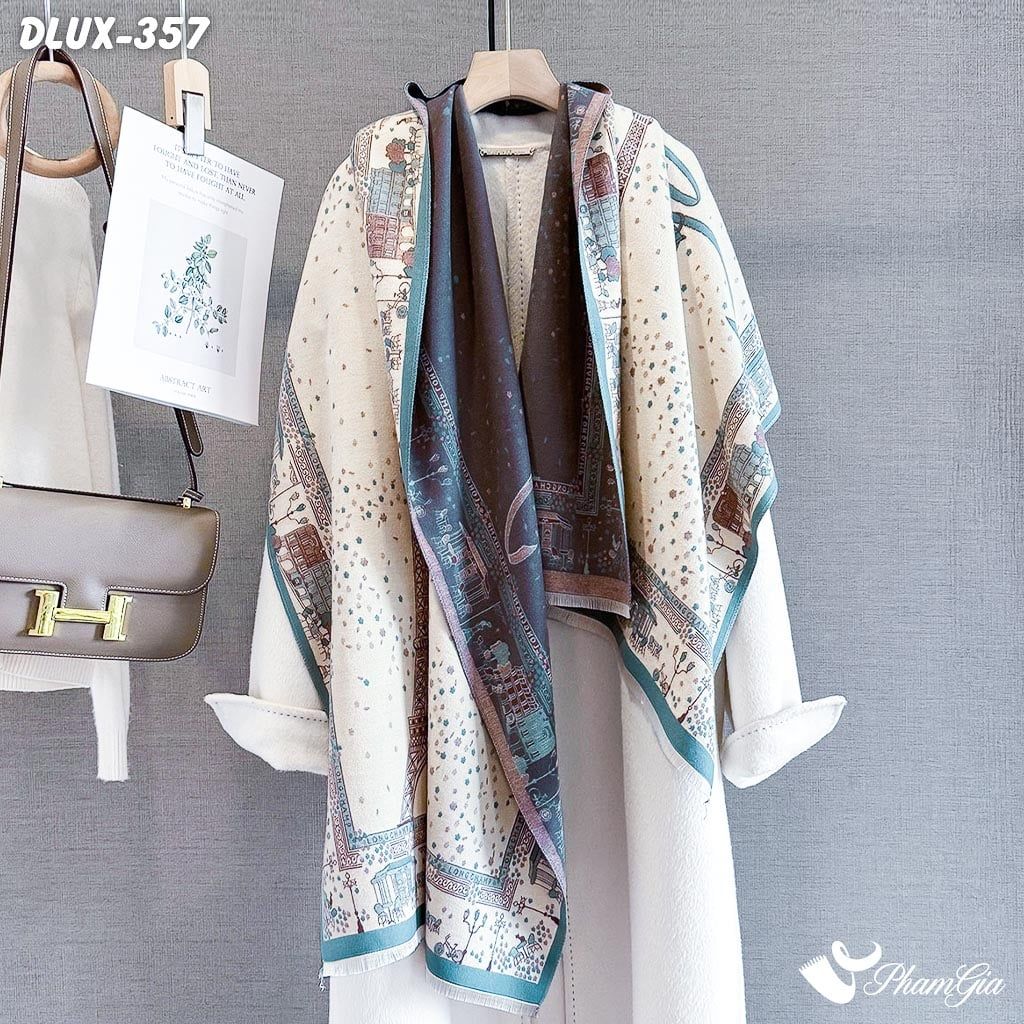 Khăn Choàng Dạ Cashmere Cao Cấp Họa Tiết Tháp Eiffel Màu Xanh Ngọc Hiện Đại (DLUX357)