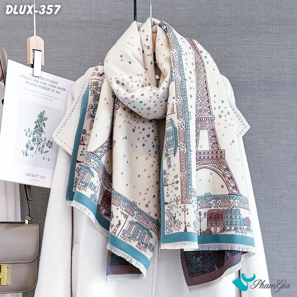 Khăn Choàng Dạ Cashmere Cao Cấp Họa Tiết Tháp Eiffel Màu Xanh Ngọc Hiện Đại (DLUX357)