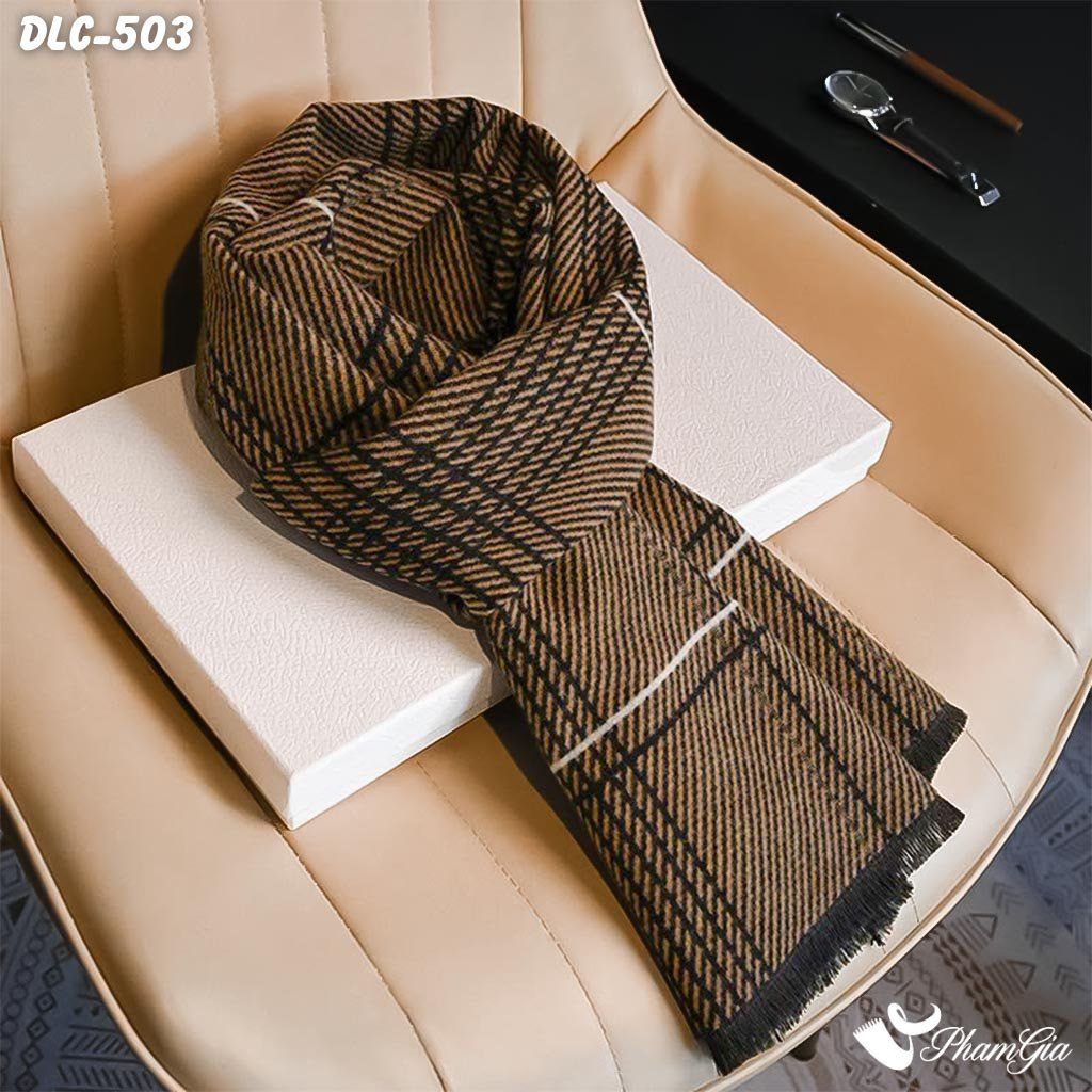 Khăn Choàng Dạ Lông Cừu Cao Cấp Họa Tiết Caro Phối Sọc Màu Nâu Lịch Lãm Cho Nam (DLC503)