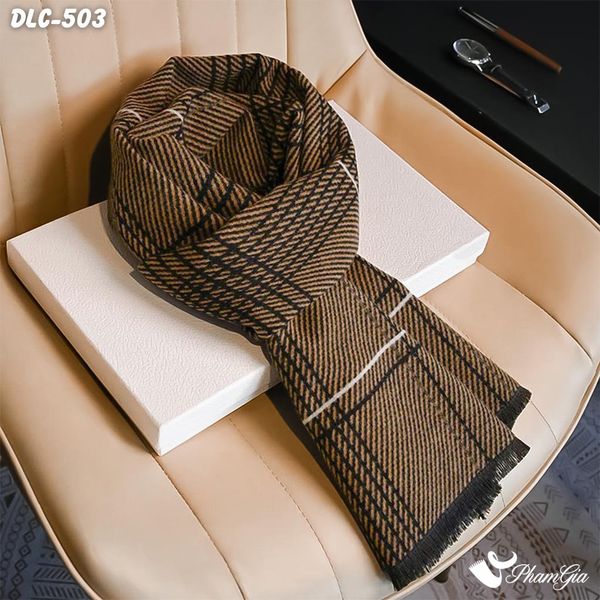Khăn Choàng Dạ Lông Cừu Cao Cấp Họa Tiết Caro Phối Sọc Màu Nâu Lịch Lãm Cho Nam (DLC503)