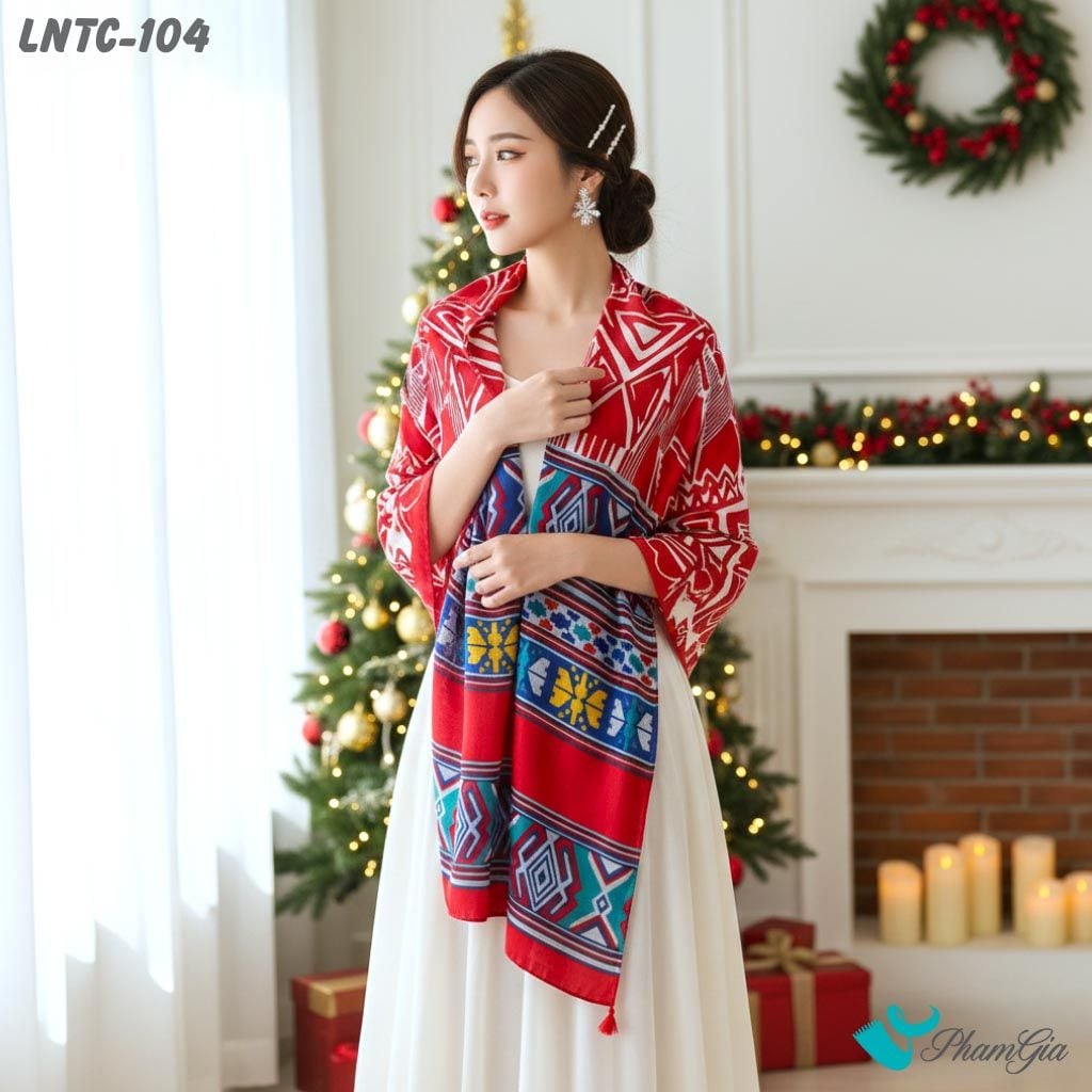 Khăn Choàng Linen Boho Họa Tiết Thổ Cẩm Tribal Màu Đỏ Đô Phối Viền Xanh Cá Tính (LNTC104)