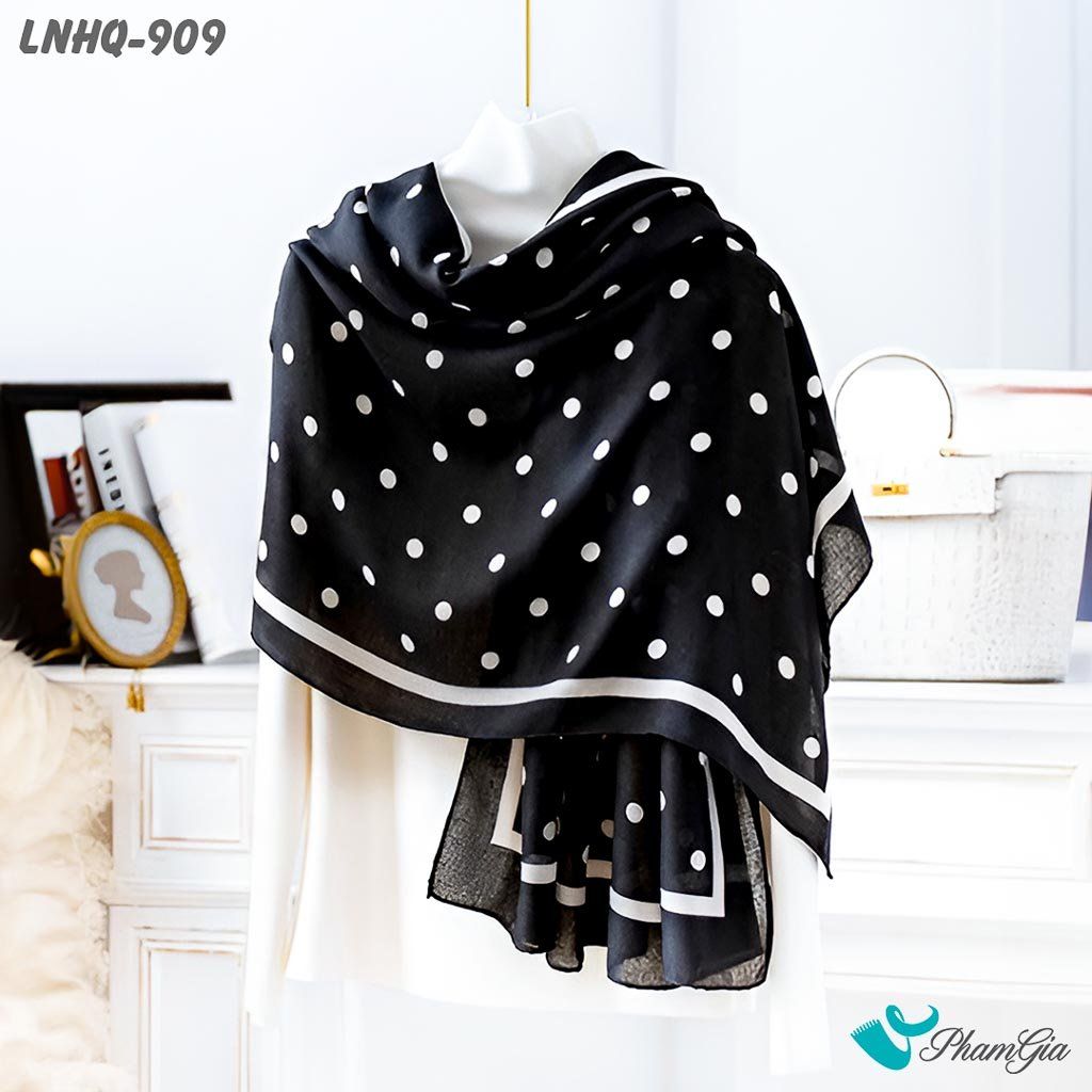 Khăn Choàng Linen Phong Cách Hàn Quốc Hoạ Tiết Chấm Bi Đen Trắng Thanh Lịch