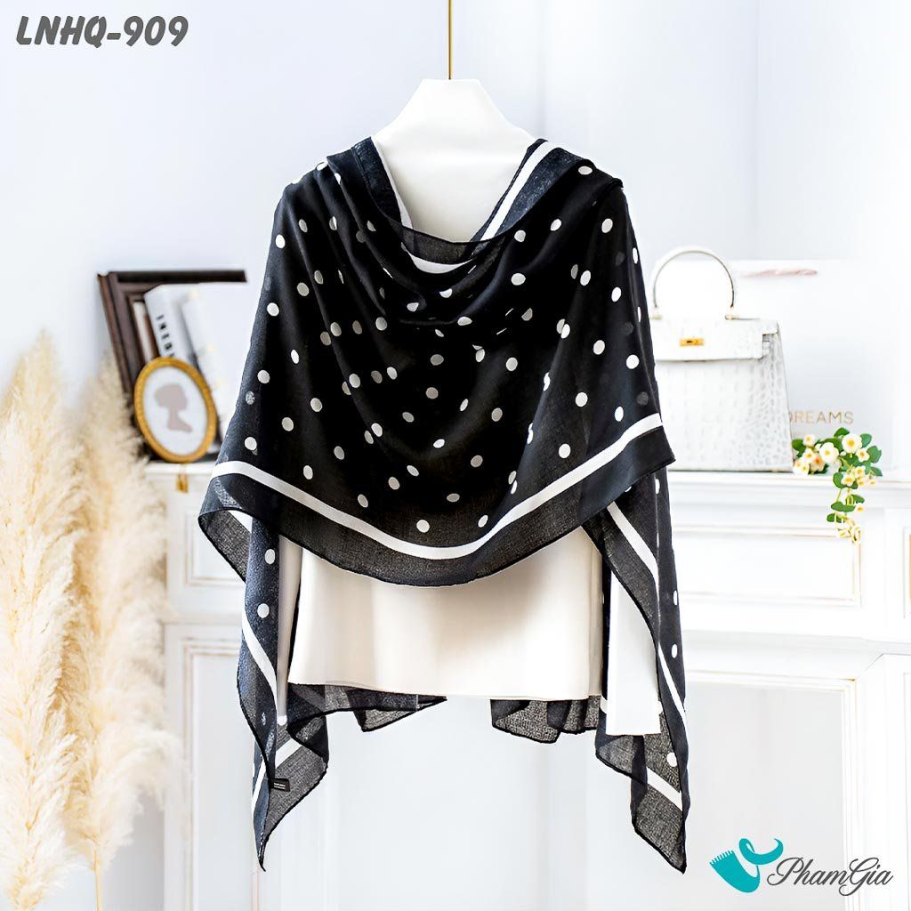 Góc Thẳng Khăn Choàng Linen Phong Cách Hàn Quốc Hoạ Tiết Chấm Bi Đen Trắng Thanh Lịch