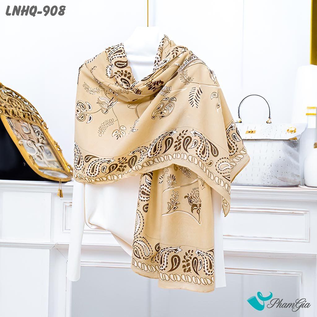 Khăn Choàng Linen Phong Cách Hàn Quốc Hoạ Tiết Paisley Màu Beige Thanh Lịch