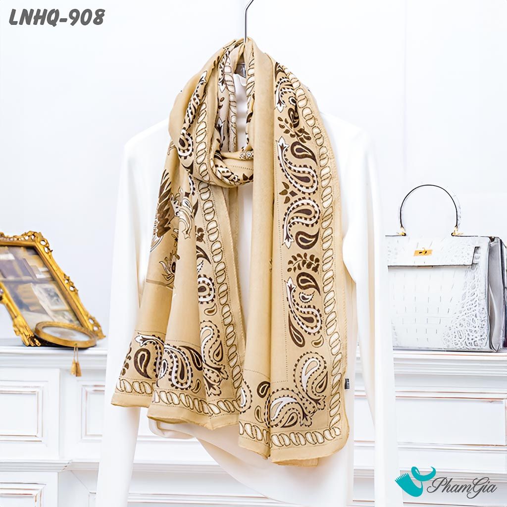 Góc Nghiêng Khăn Choàng Linen Phong Cách Hàn Quốc Hoạ Tiết Paisley Màu Beige Thanh Lịch