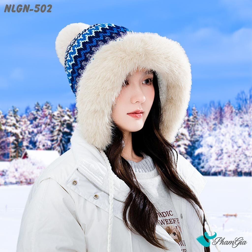 Nón Len Phối Lông Giữ Nhiệt Chuyên Dụng Phối Viền Lông 2 Lớp Cao Cấp Dệt Họa Tiết Thổ Cẩm Màu Xanh Navy (NLGN502)